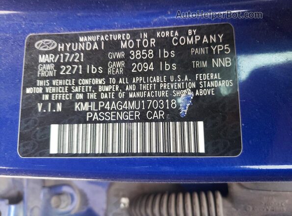 KMHLP4AG4MU170318 2021 HYUNDAI ELANTRA Blue Vista del compartimento del motor