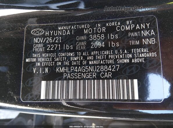 KMHLP4AG5NU288427 2022 HYUNDAI ELANTRA Black ძრავის განყოფილების ხედი