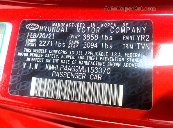 KMHLP4AG9MU153370 2021 HYUNDAI ELANTRA Красный Вид подкапотного пространства