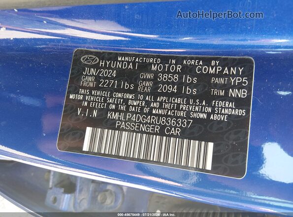 KMHLP4DG4RU836337 2024 HYUNDAI ELANTRA Синий Вид подкапотного пространства