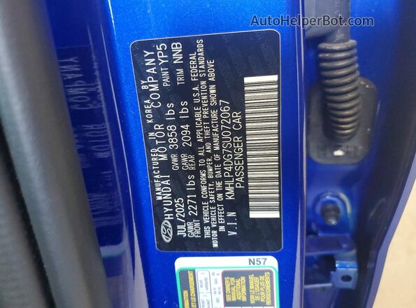 KMHLP4DG7SU072067 2025 HYUNDAI ELANTRA Blue VIN կոդի պիտակի տեսք