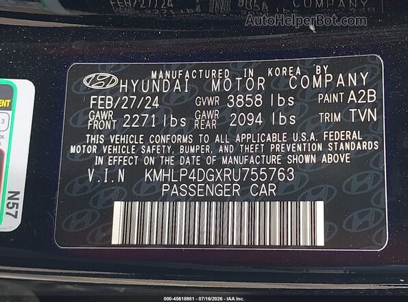KMHLP4DGXRU755763 2024 HYUNDAI ELANTRA Black Engine compartment view