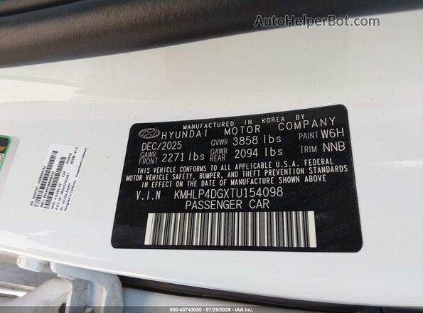 KMHLP4DGXTU154098 2026 HYUNDAI ELANTRA White Вид підкапотного простору