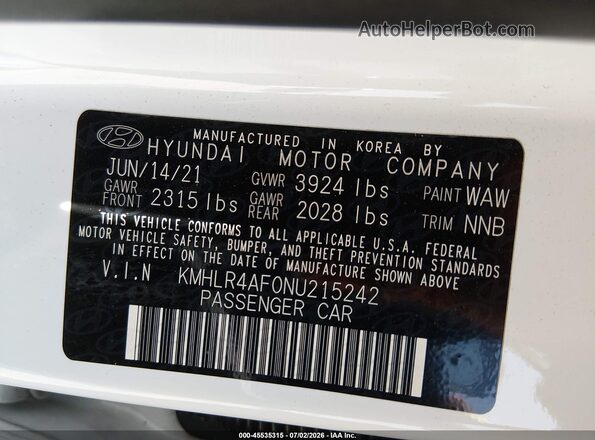 KMHLR4AF0NU215242 2022 HYUNDAI ELANTRA White Engine compartment view