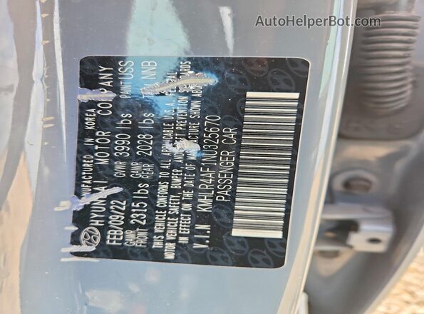 KMHLR4AF1NU325670 2022 HYUNDAI ELANTRA Gray VIN կոդի պիտակի տեսք