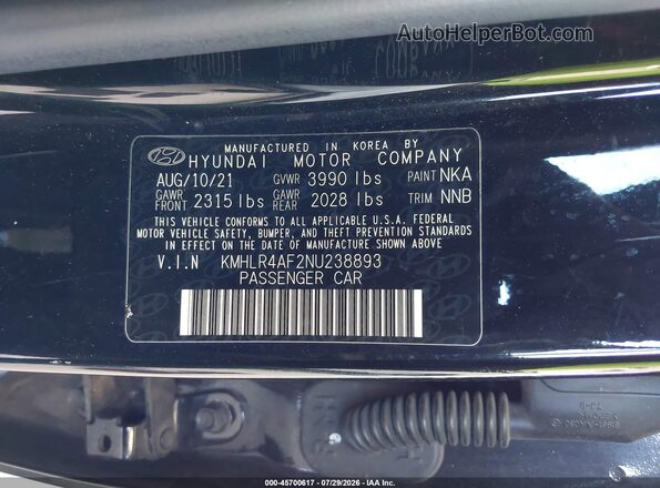 KMHLR4AF2NU238893 2022 HYUNDAI ELANTRA Black ძრავის განყოფილების ხედი