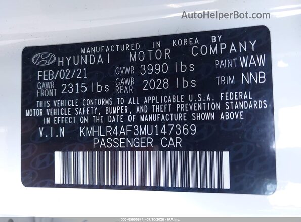 KMHLR4AF3MU147369 2021 HYUNDAI ELANTRA White Engine compartment view