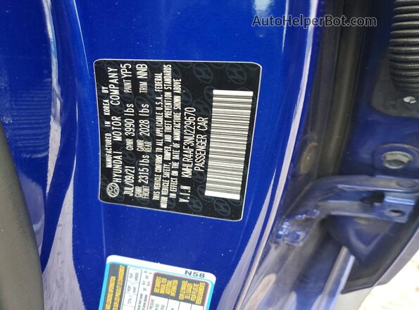 KMHLR4AF3NU229670 2022 HYUNDAI ELANTRA Blue Widok komory silnika
