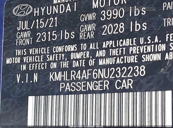 KMHLR4AF6NU232238 2022 HYUNDAI ELANTRA Blue Widok komory silnika