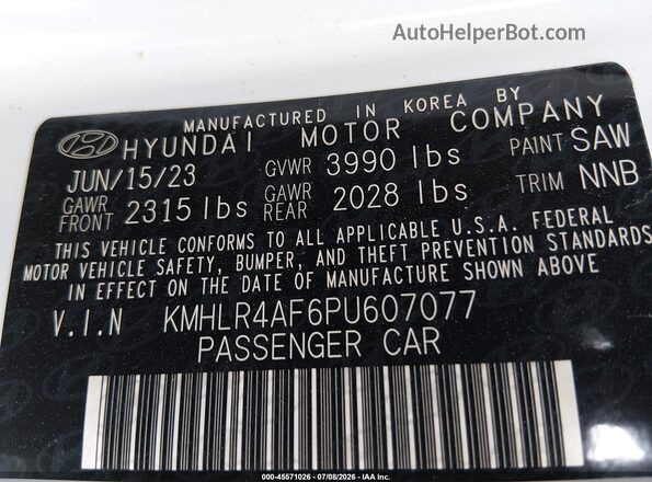 KMHLR4AF6PU607077 2023 HYUNDAI ELANTRA White Engine compartment view
