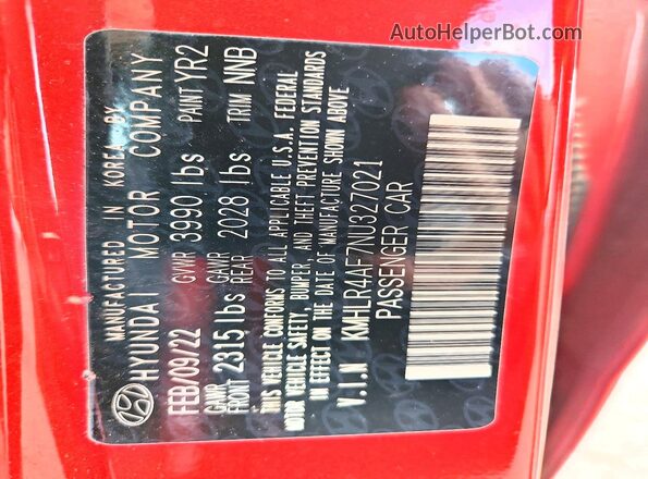 KMHLR4AF7NU327021 2022 HYUNDAI ELANTRA Red VIN კოდის სტიკერის ხედი