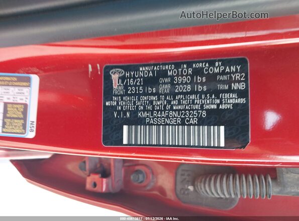 KMHLR4AF8NU232578 2022 HYUNDAI ELANTRA Красный Вид подкапотного пространства
