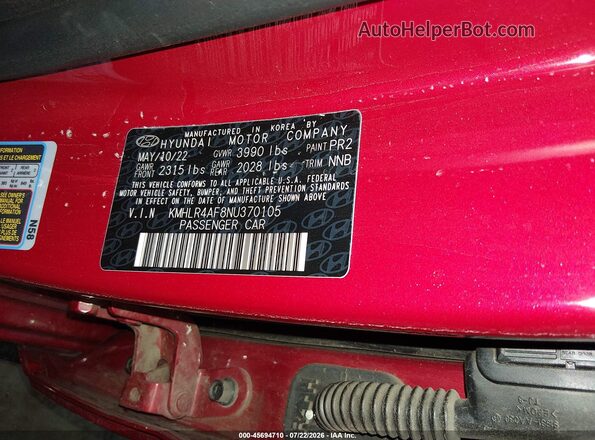KMHLR4AF8NU370105 2022 HYUNDAI ELANTRA Red Widok komory silnika