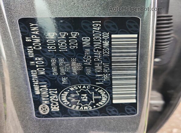 KMHLR4AFXNU307491 2022 HYUNDAI ELANTRA Gray VIN sticker view