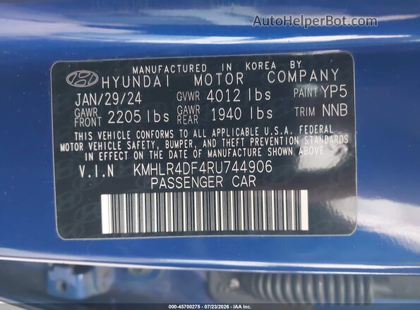 KMHLR4DF4RU744906 2024 HYUNDAI ELANTRA Blue Widok komory silnika