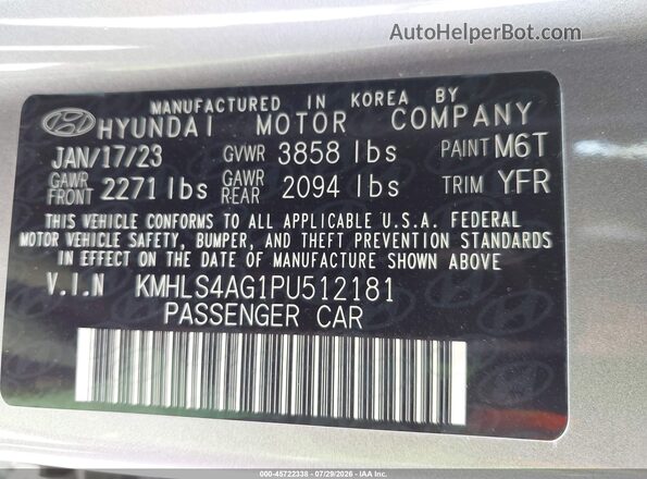 KMHLS4AG1PU512181 2023 HYUNDAI ELANTRA Gray Շարժիչի բաժամունքի տեսք