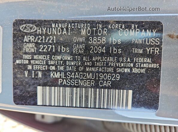 KMHLS4AG2MU190629 2021 HYUNDAI ELANTRA Gray Vista de la etiqueta del VIN