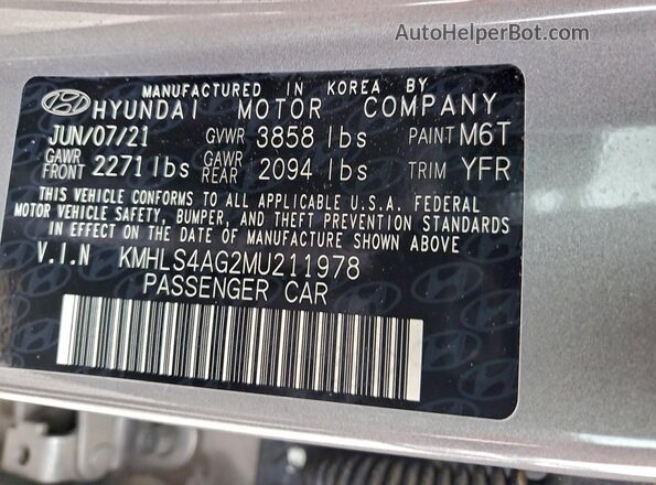 KMHLS4AG2MU211978 2021 HYUNDAI ELANTRA Gray Вид підкапотного простору