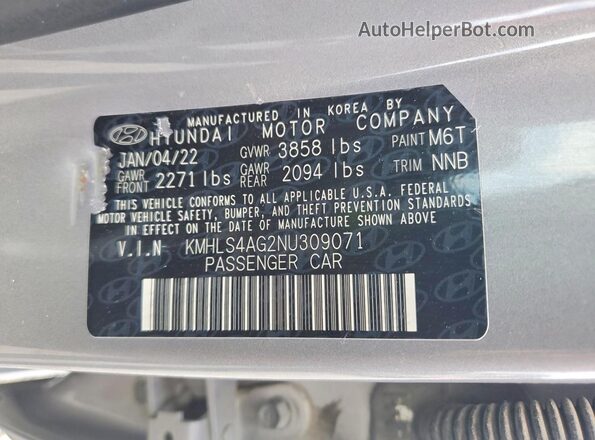 KMHLS4AG2NU309071 2022 HYUNDAI ELANTRA Silver Շարժիչի բաժամունքի տեսք
