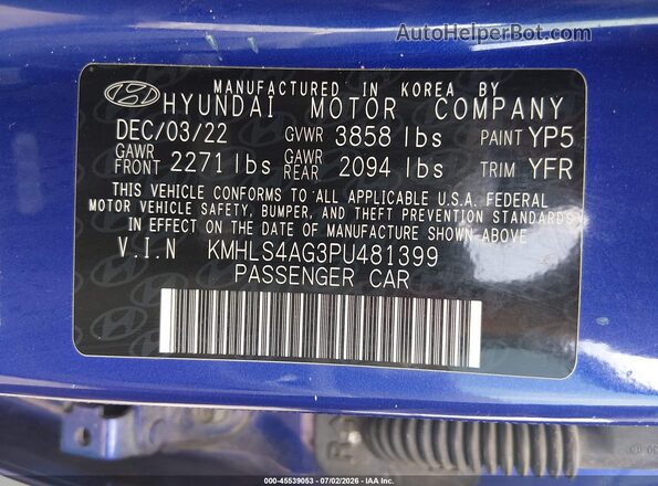 KMHLS4AG3PU481399 2023 HYUNDAI ELANTRA Blue Շարժիչի բաժամունքի տեսք
