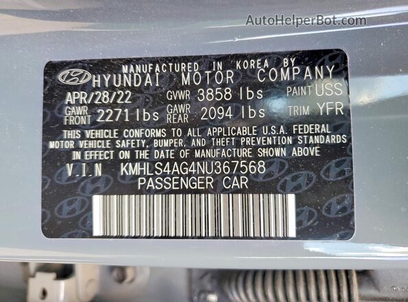 KMHLS4AG4NU367568 2022 HYUNDAI ELANTRA Gray VIN კოდის სტიკერის ხედი