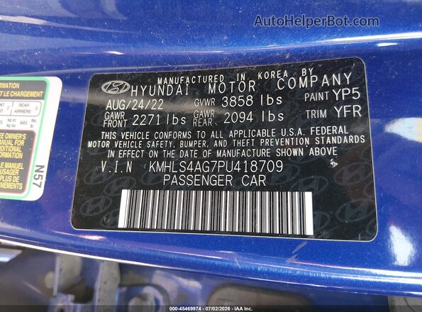KMHLS4AG7PU418709 2023 HYUNDAI ELANTRA Blue Вид наклейки з VIN-кодом