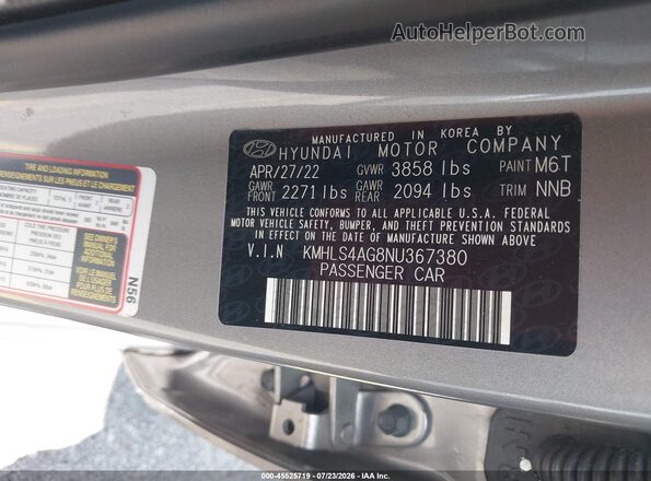 KMHLS4AG8NU367380 2022 HYUNDAI ELANTRA Gray Widok komory silnika