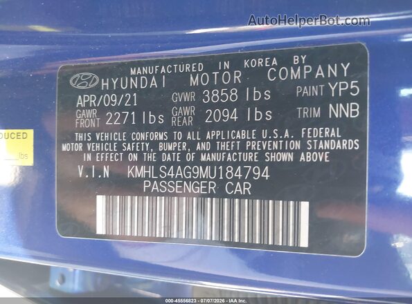 KMHLS4AG9MU184794 2021 HYUNDAI ELANTRA Blue Widok komory silnika