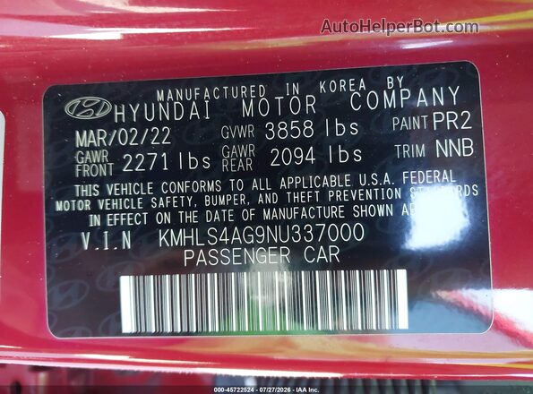 KMHLS4AG9NU337000 2022 HYUNDAI ELANTRA Red ძრავის განყოფილების ხედი