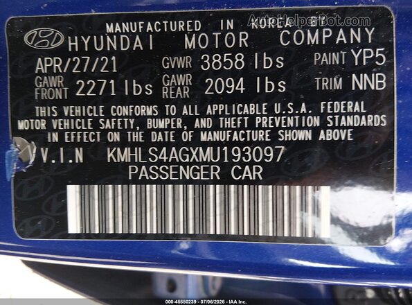 KMHLS4AGXMU193097 2021 HYUNDAI ELANTRA Blue Vista del compartimento del motor