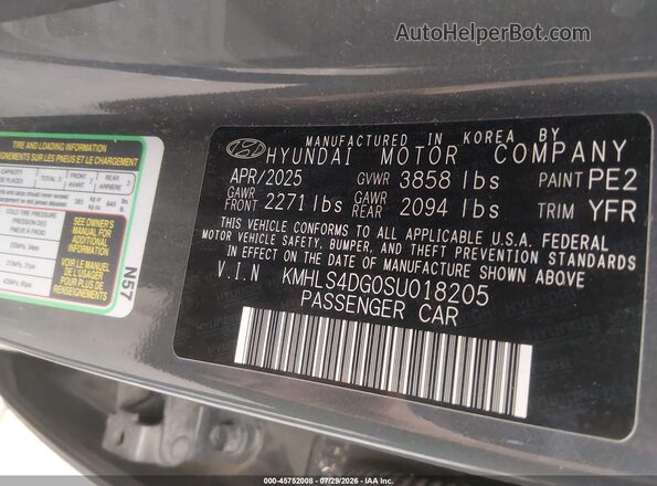 KMHLS4DG0SU018205 2025 HYUNDAI ELANTRA Gray Vista del compartimento del motor