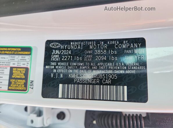 KMHLS4DG4RU851905 2024 HYUNDAI ELANTRA White Widok naklejki z numerem VIN