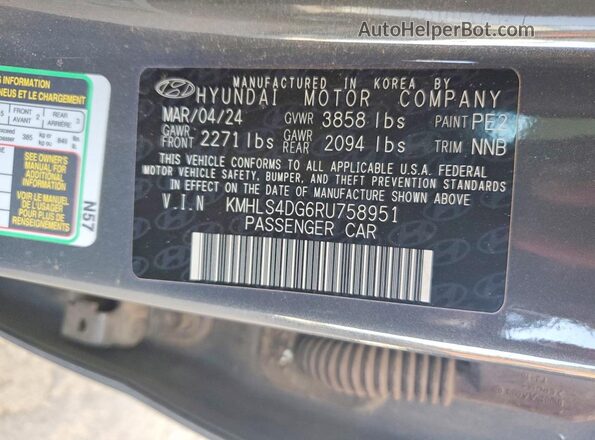 KMHLS4DG6RU758951 2024 HYUNDAI ELANTRA Gray Widok naklejki z numerem VIN