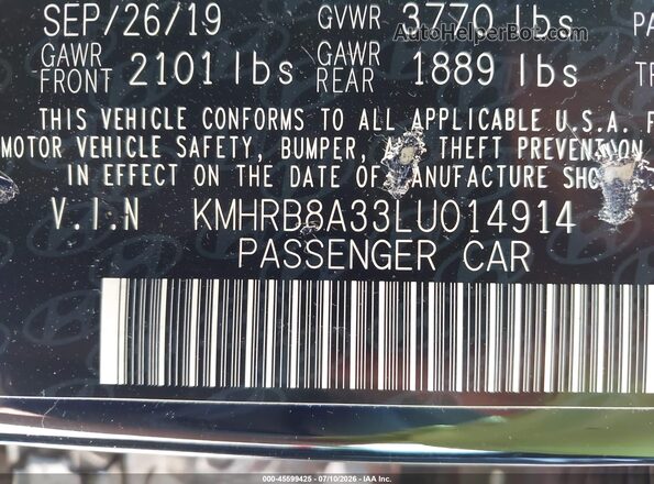 KMHRB8A33LU014914 2020 HYUNDAI VENUE Черный Вид подкапотного пространства