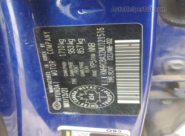 KMHRC8A32MU121516 2021 HYUNDAI VENUE Blue VIN կոդի պիտակի տեսք