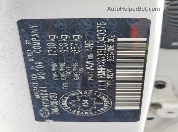 KMHRC8A33LU040376 2020 HYUNDAI VENUE White Սալոնի 360 աստիճան տեսք