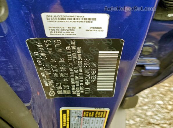 KMHRC8A34NU183548 2022 HYUNDAI VENUE Blue VIN կոդի պիտակի տեսք