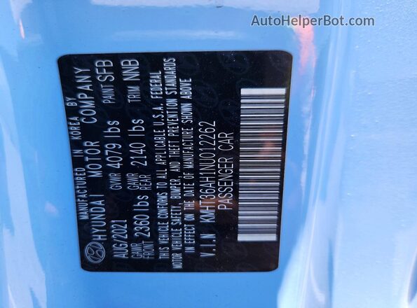 KMHT36AH1NU012262 2022 HYUNDAI VELOSTER Blue Vista de la etiqueta del VIN