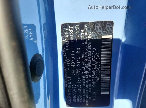 KMHT36AH2LU004779 2020 HYUNDAI VELOSTER Blue Vista de la etiqueta del VIN