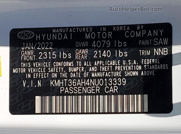 KMHT36AH4NU013339 2022 HYUNDAI VELOSTER White Vista de la etiqueta del VIN