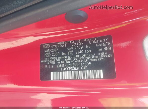 KMHT36AH6NU014105 2022 HYUNDAI VELOSTER N Red Շարժիչի բաժամունքի տեսք