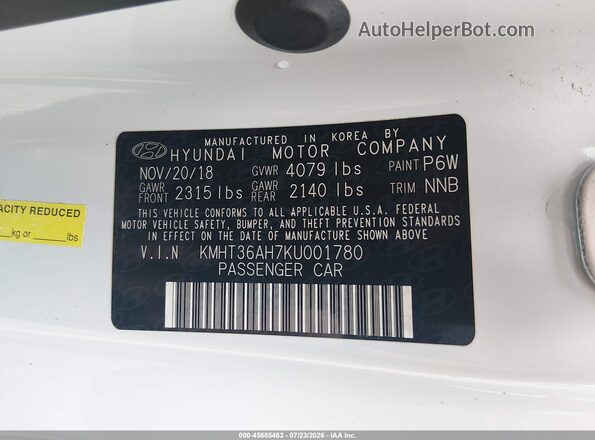 KMHT36AH7KU001780 2019 HYUNDAI VELOSTER Light Blue Engine compartment view