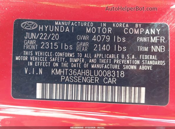 KMHT36AH8LU008318 2020 HYUNDAI VELOSTER N Red Շարժիչի բաժամունքի տեսք