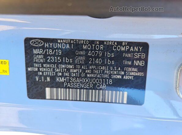 KMHT36AHXKU003118 2019 HYUNDAI VELOSTER Blue Engine compartment view