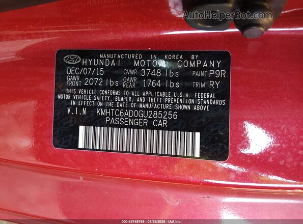 KMHTC6AD0GU285256 2016 HYUNDAI VELOSTER Red Շարժիչի բաժամունքի տեսք