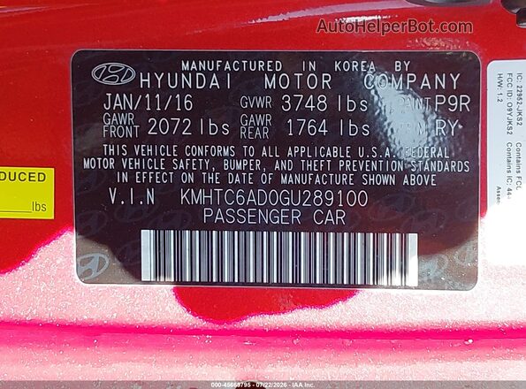 KMHTC6AD0GU289100 2016 HYUNDAI VELOSTER Red Engine compartment view