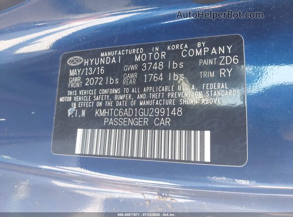 KMHTC6AD1GU299148 2016 HYUNDAI VELOSTER Blue Вид підкапотного простору