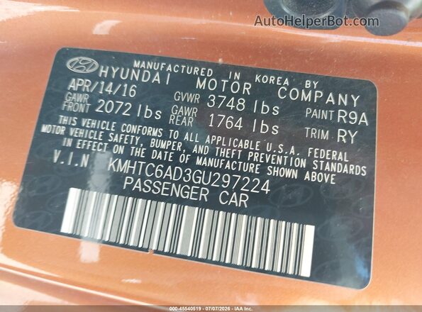 KMHTC6AD3GU297224 2016 HYUNDAI VELOSTER Orange Շարժիչի բաժամունքի տեսք