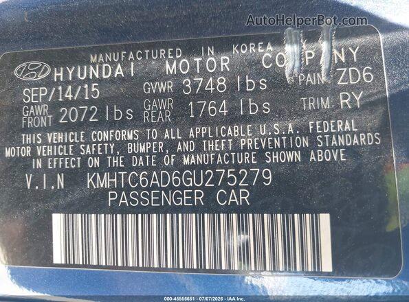 KMHTC6AD6GU275279 2016 HYUNDAI VELOSTER Blue Вид підкапотного простору