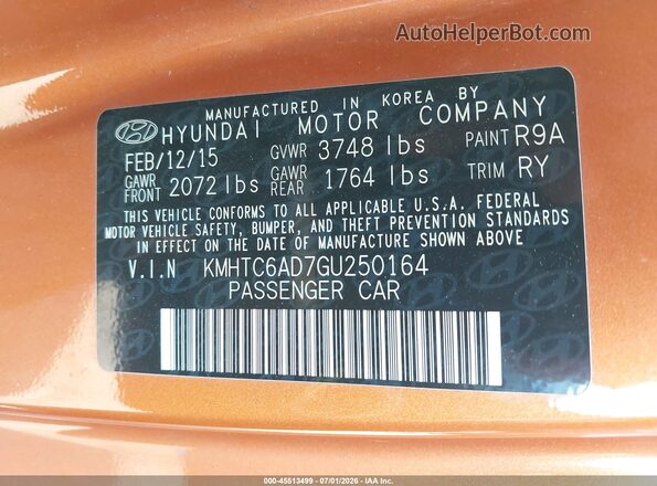 KMHTC6AD7GU250164 2016 HYUNDAI VELOSTER Orange Вид підкапотного простору